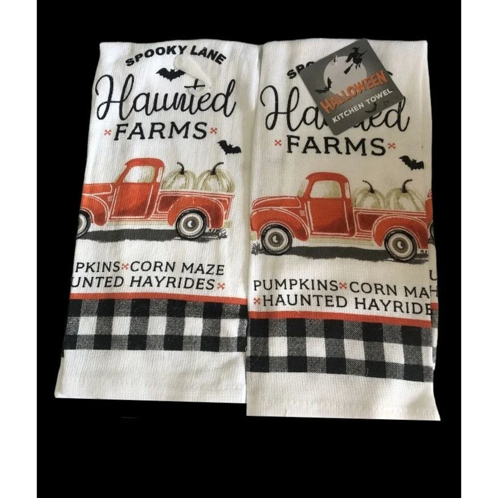 Halloween Kitchen Dish Towels Oven Mitt Potholder Set of 4 Haunted Farm Truck